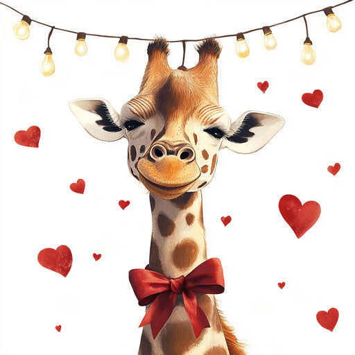 Happy giraffe with Valentine's bow and string of light bulbs