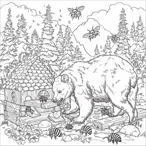 Brown bear chasing bees around beehive