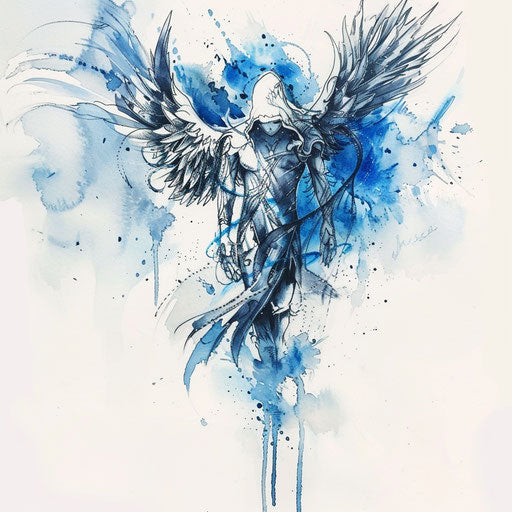 Ethereal tattoo sketch of the angel of death with subtle watercolor splashes, in sky blue and white