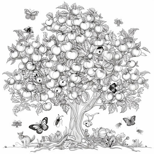 Apple tree with animals and insects, Teagan White style, Coloring page