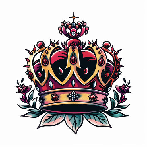 Retro-inspired queen crown tattoo with classic American traditional colors and styles on white background