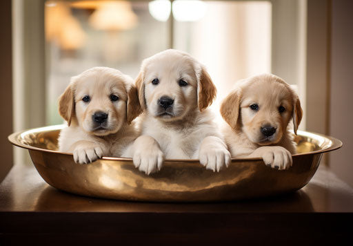 Golden retriever puppies in a bowl at a vet's office