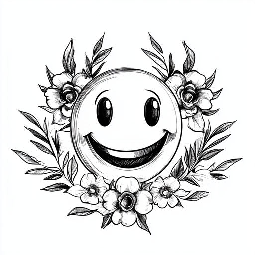 Flat tattoo sketch of smiley with floral wreath