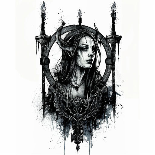 Gothic illustration of Hecate with torches and keys