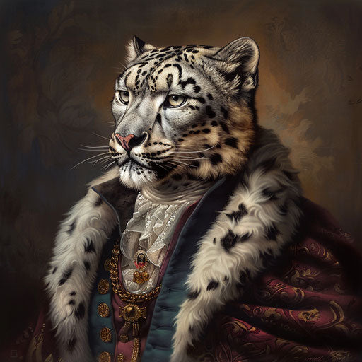 Vintage portrait of a snow leopard in regal attire