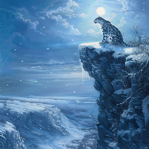Snow leopard surveying pristine winter landscape