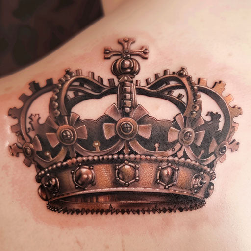 Steampunk inspired royal crown tattoo with gears in brown tones on white background
