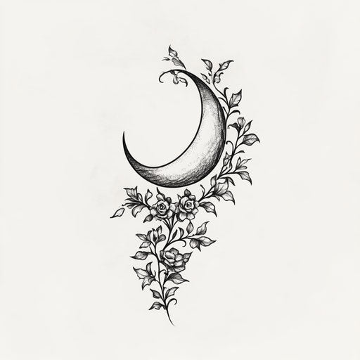 Crescent moon with floral vine in silver