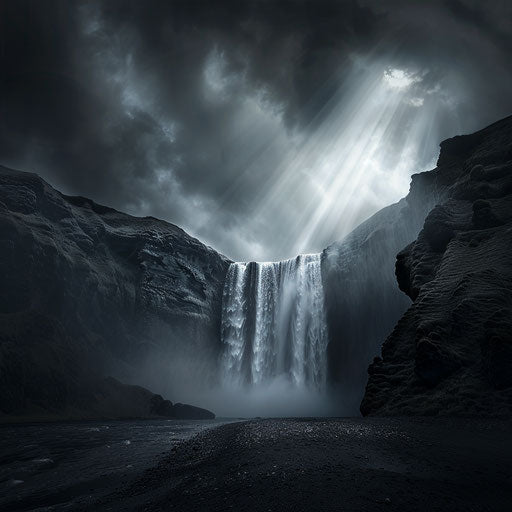 Waterfall with dark shadows and intense contrast