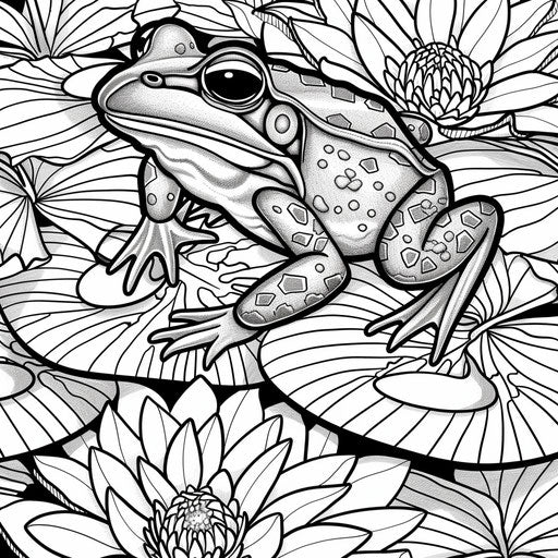 Detailed illustration of a frog jumping between lily pads