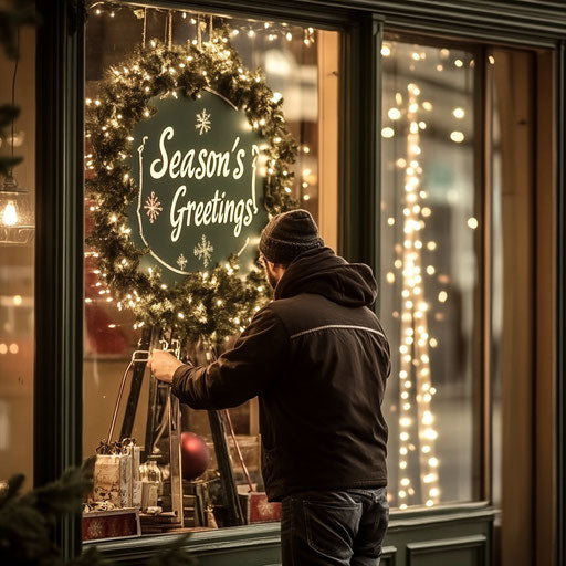 Storefront decoration with garlands and sign