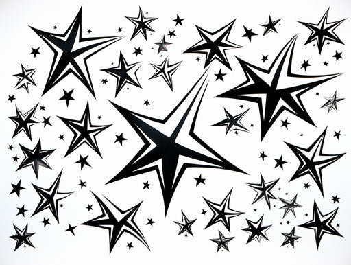 Black stars on white background, tattoo style, aurorapunk