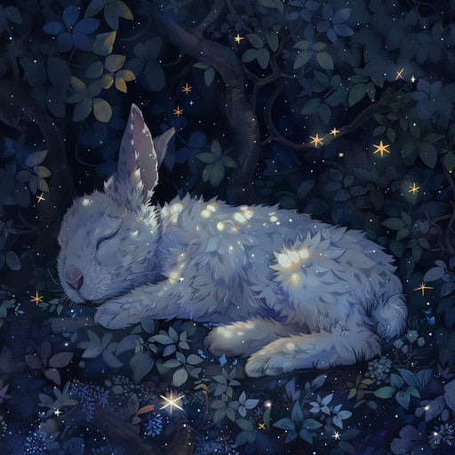 The rabbit's peaceful slumber under a starry sky in the night