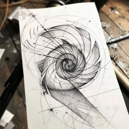 Graphic tattoo sketch of a Fibonacci sequence with clean, modern lines