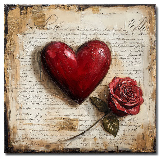 Valentine's Day wall art with red heart and rose on vintage love letters