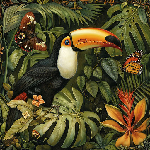 Toucan and butterfly in tropical jungle