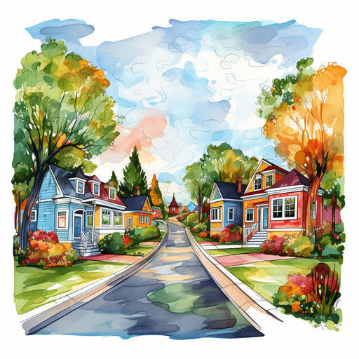 Neighborhood clipart in the style of Impressionistic Art, on white background