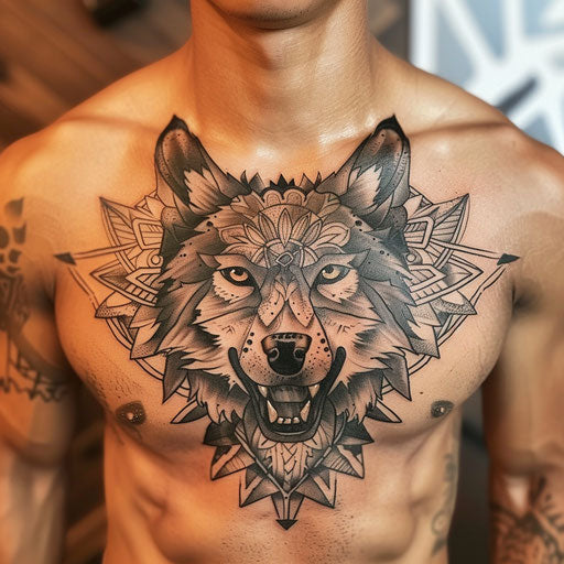 Meaningful tattoos for men with a tribal wolf on the chest