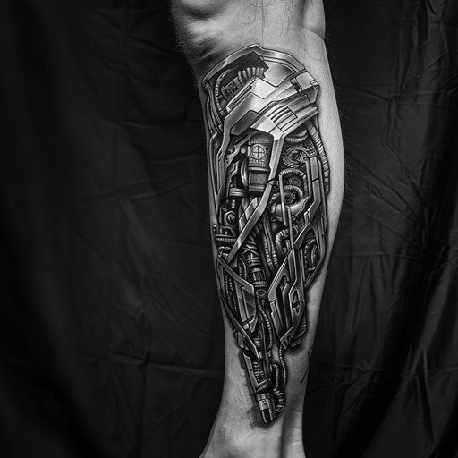 Futuristic cybernetic leg sleeve tattoo inspired by J.P. Targete