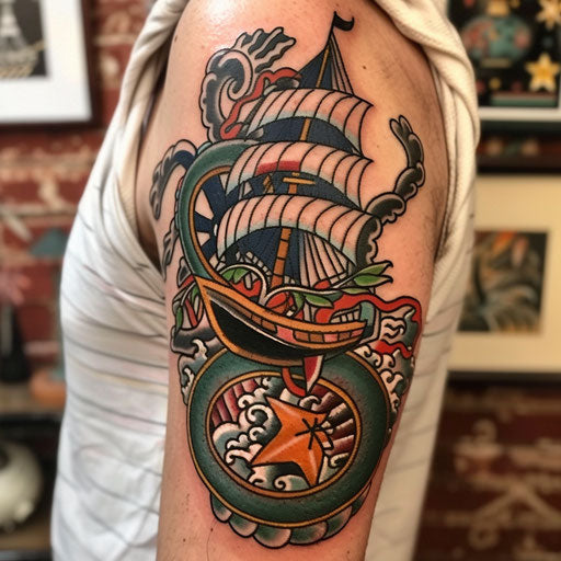 Nautical themed arm tattoo in the style of Sailor Jerry