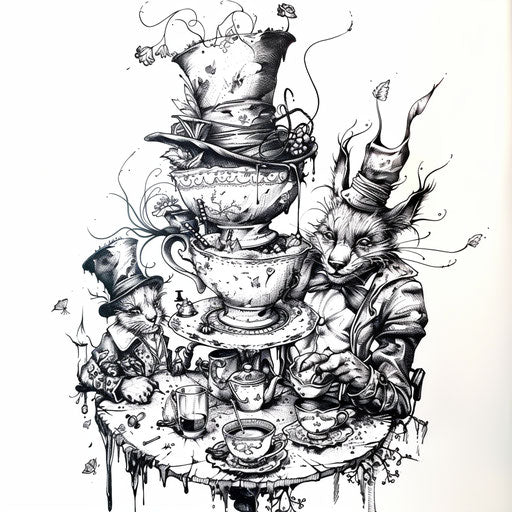 Detailed black and white ink sketch of the Mad Hatter's tea party as a tattoo design on a pristine white background