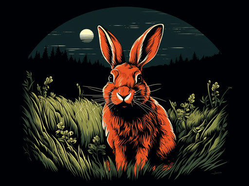 Red rabbit sitting on grass, chiaroscuro woodcut style