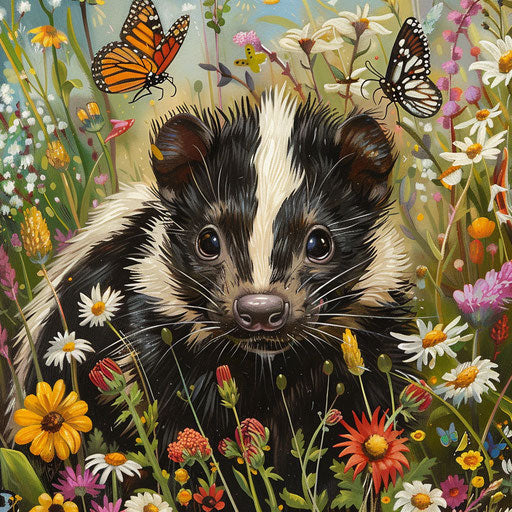Eastern spotted skunk in a field of wildflowers
