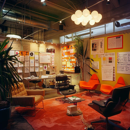 Dynamic marketing team's office with brainstorming charts, creative posters, and energetic atmosphere