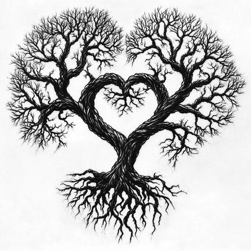 Tree tattoos for men depicting a tree with roots wrapping around a heart, in the style of Ed Hardy