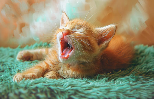 Kitten yawning on green carpet, light orange and light crimson style