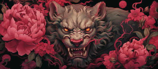 Dragon and flowers in mischievous feline motif mysterious jungle