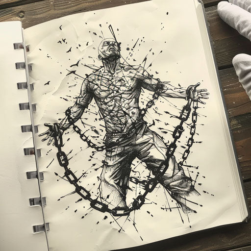 Human silhouette breaking chains, freedom theme