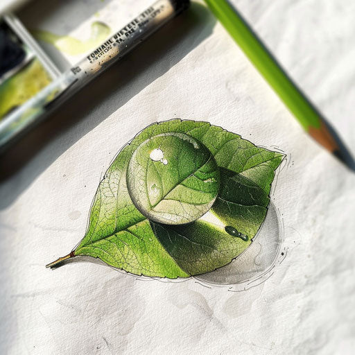 Dynamic flat tattoo sketch of a micro realism water droplet on a leaf, reflecting light
