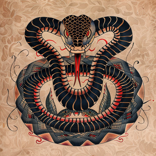 Folk art cobra tattoo sketch with traditional patterns