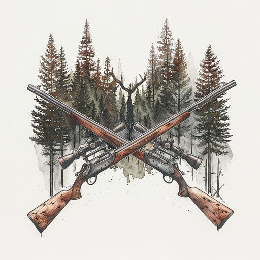 Duo of crossed rifles in photorealistic tattoo design in a forest