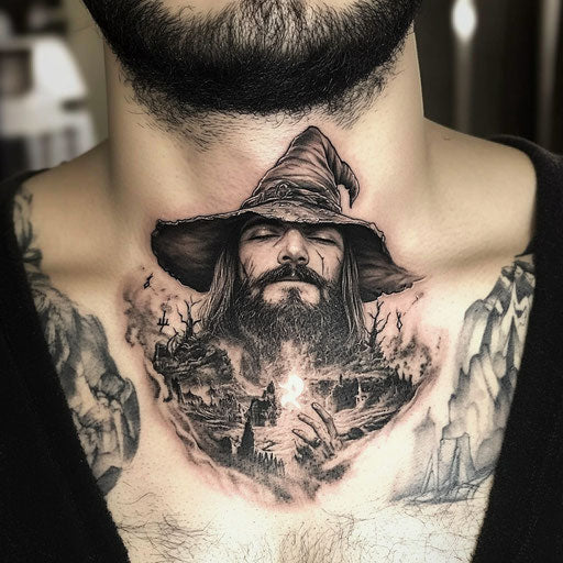 Throat tattoos for men with a wizard casting a spell