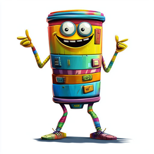 Humorous caricature of a trash bin with human characteristics