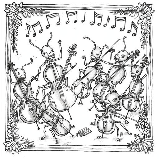 A whimsical ant band playing miniature musical instruments