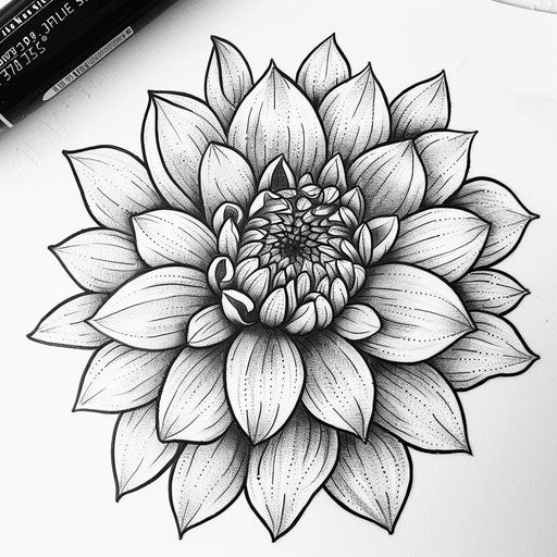 Bold black line dahlia tattoo sketch with stippling