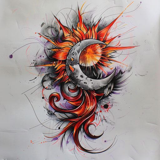 Dynamic tattoo sketch of a sunburst and crescent moon, intense colors, dramatic design