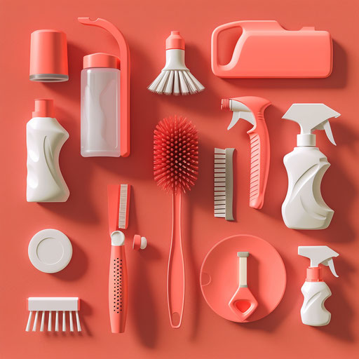Photo realistic household chores clipart on coral background