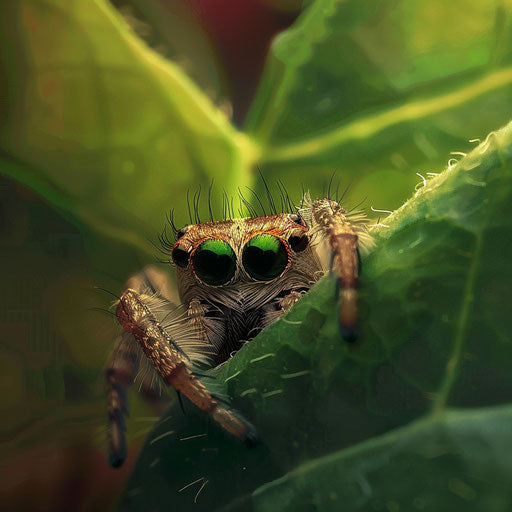 Adorable spider peeking from behind a leaf