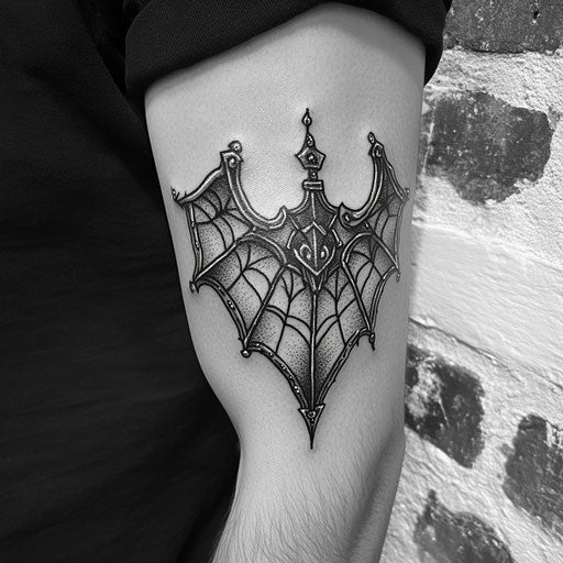 Spider web elbow tattoo with medieval armor accents, Adrian Smith style