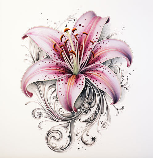 Pink lily with swirls on white background