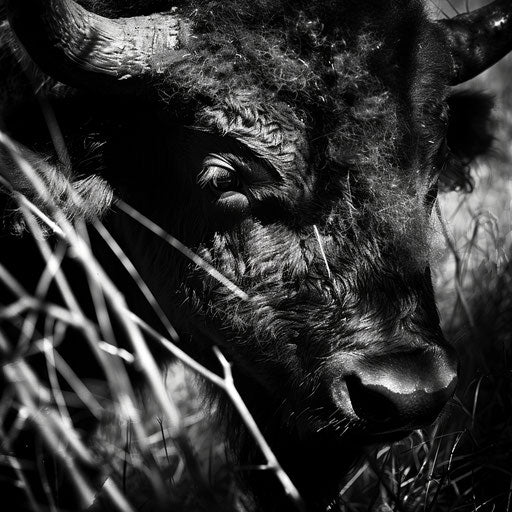 Buffalo in a black and white photograph with dramatic shadows