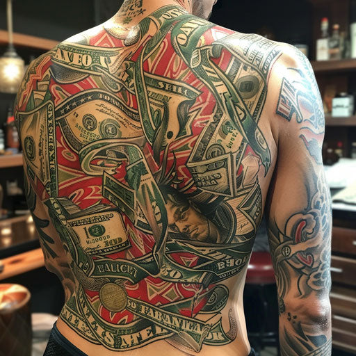 Money tattoo with classic Americana, Ed Hardy style