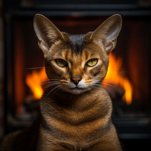 Abyssinian cat by a fireplace