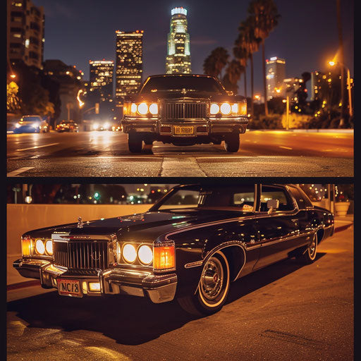 1976 Malibu Classic transformed into luxury limousine, black and polished, under city lights.