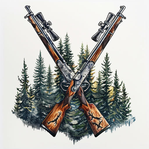 Duo of crossed vintage rifles with forest backdrop in tattoo design