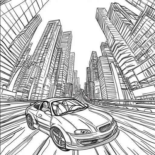 Speeding race car in cityscape, Stephen Wiltshire style, Coloring page